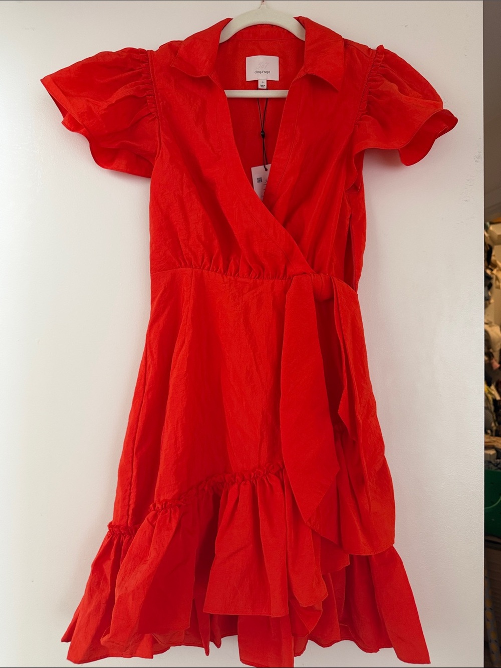 cinq a sept Red Wrap Dress with Ruffle Hem
